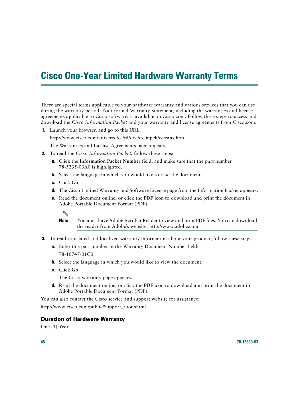 Cisco Systems 7970 warranty Cisco One-Year Limited Hardware Warranty Terms, Duration of Hardware Warranty 