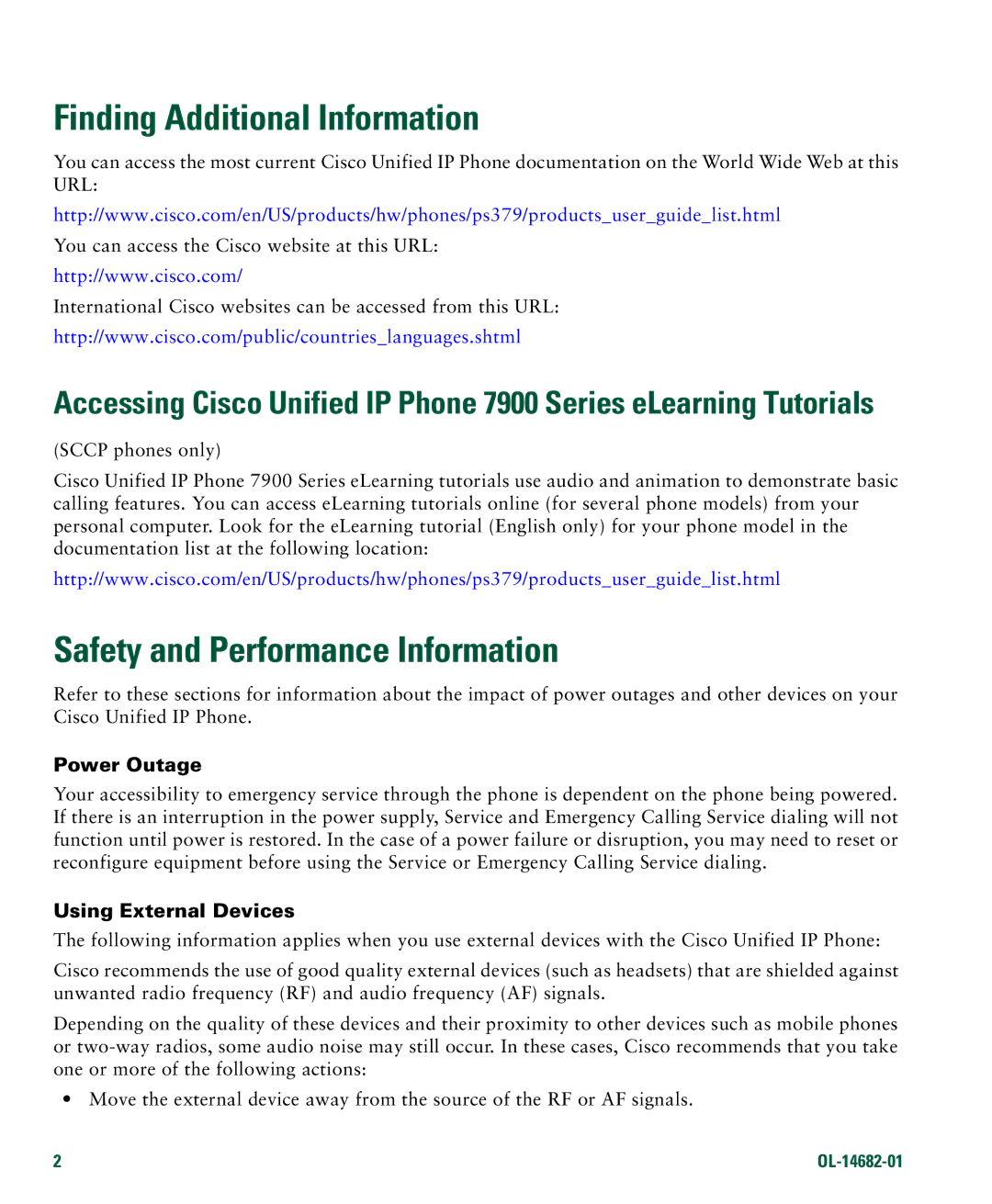 Cisco Systems 7970 manual Finding Additional Information, Safety and Performance Information, Power Outage 