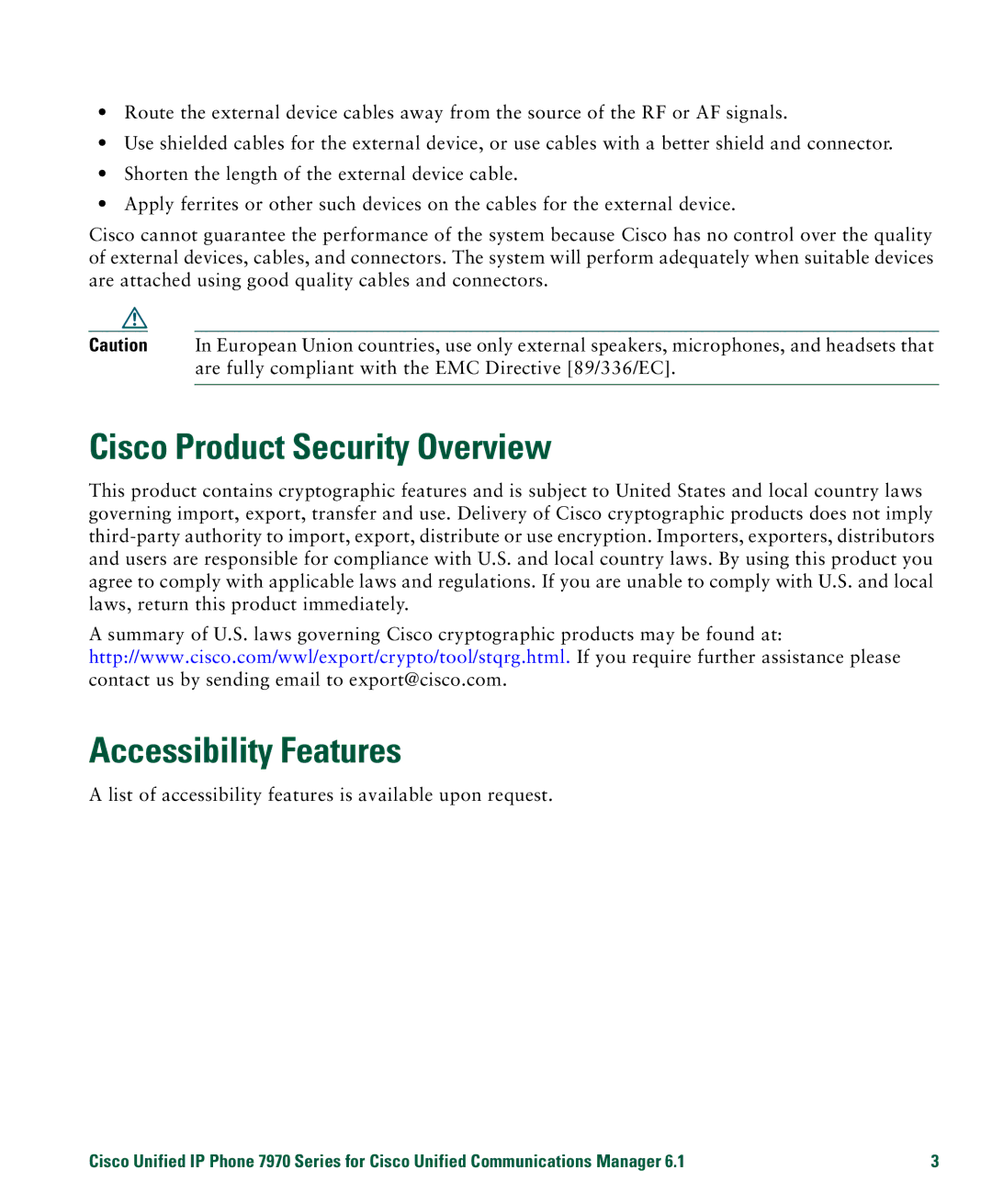 Cisco Systems 7970 manual Cisco Product Security Overview, Accessibility Features 