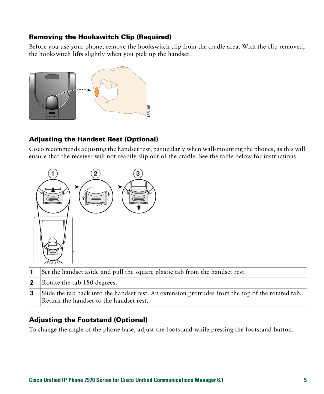 Cisco Systems 7970 manual Removing the Hookswitch Clip Required, Adjusting the Handset Rest Optional 