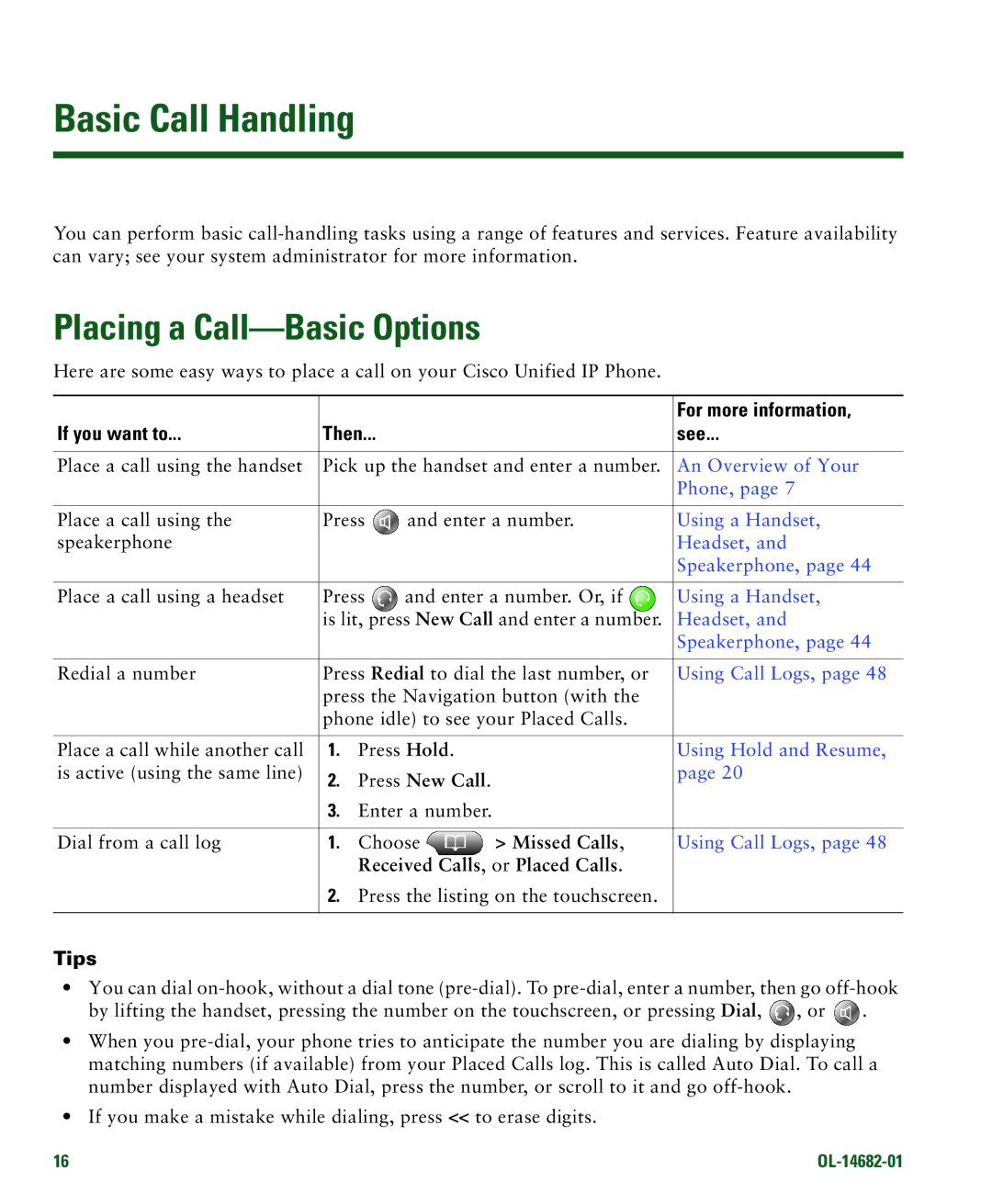 Cisco Systems 7970 Basic Call Handling, Placing a Call-Basic Options, For more information, If you want to Then See, Tips 