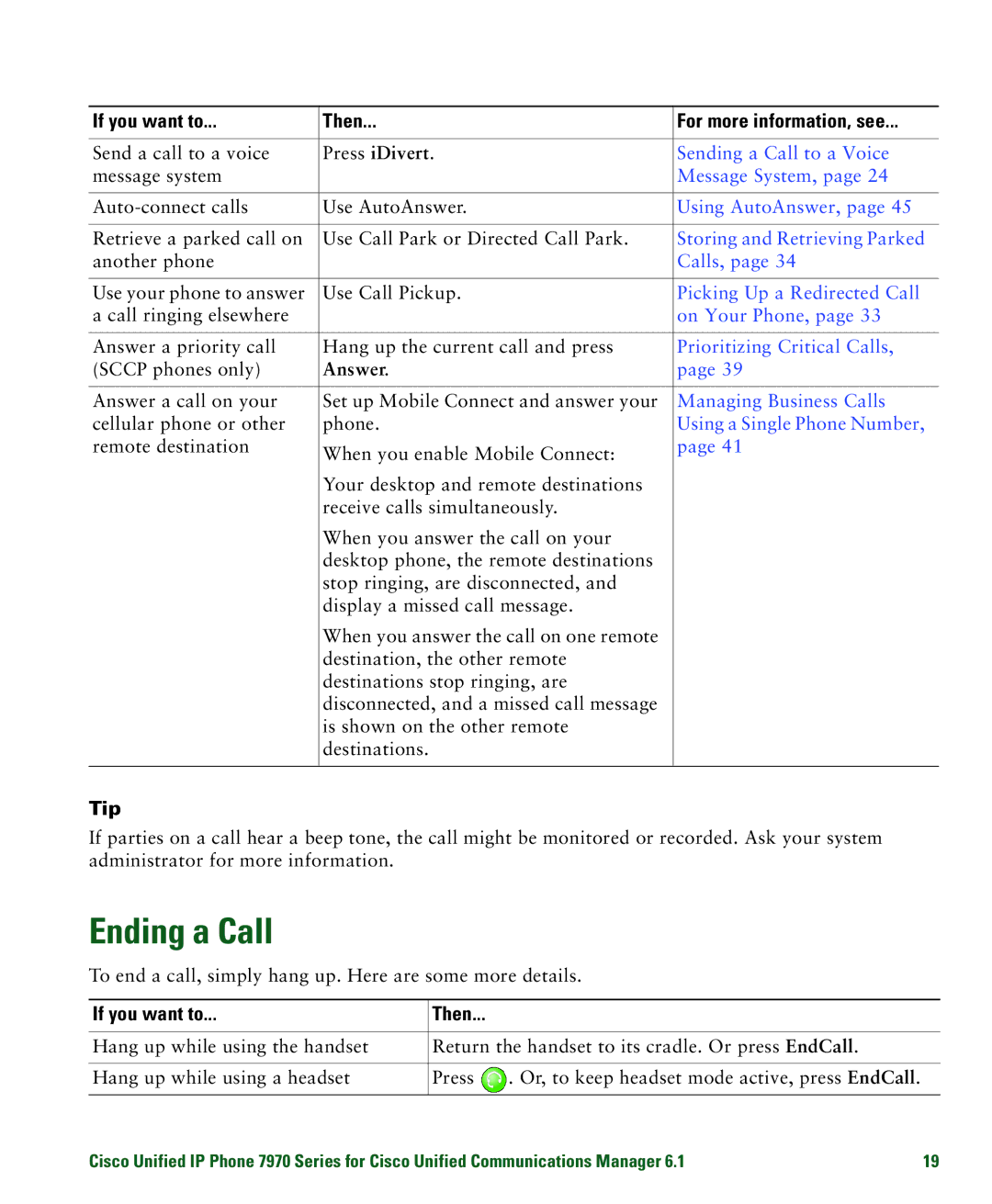 Cisco Systems 7970 manual Ending a Call, Answer, Tip 