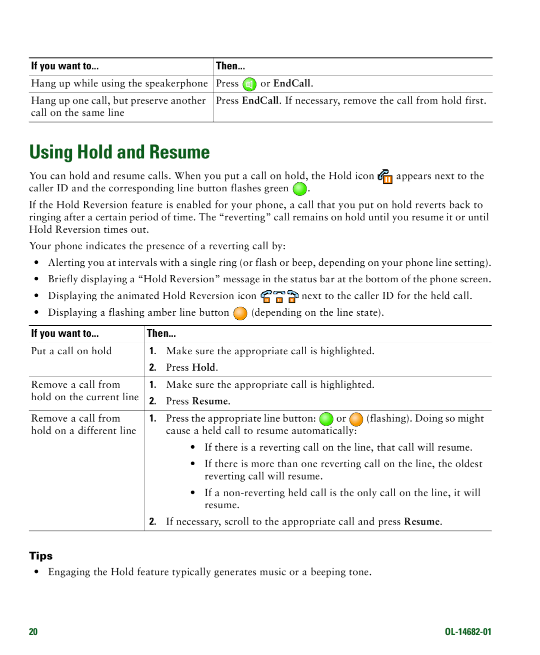 Cisco Systems 7970 manual Using Hold and Resume, Or EndCall, If you want to 