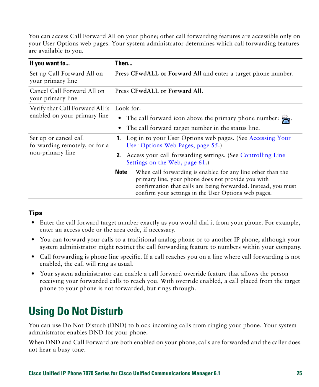 Cisco Systems 7970 manual Using Do Not Disturb, Press CFwdALL or Forward All, User Options Web Pages, Settings on the Web 