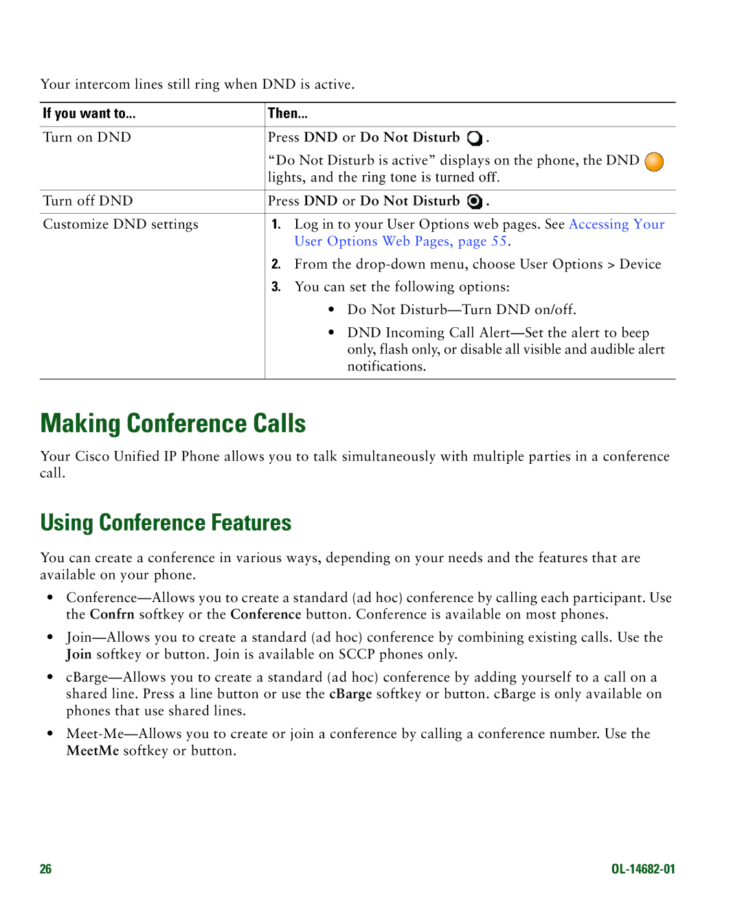 Cisco Systems 7970 manual Making Conference Calls, Using Conference Features, Press DND or Do Not Disturb 