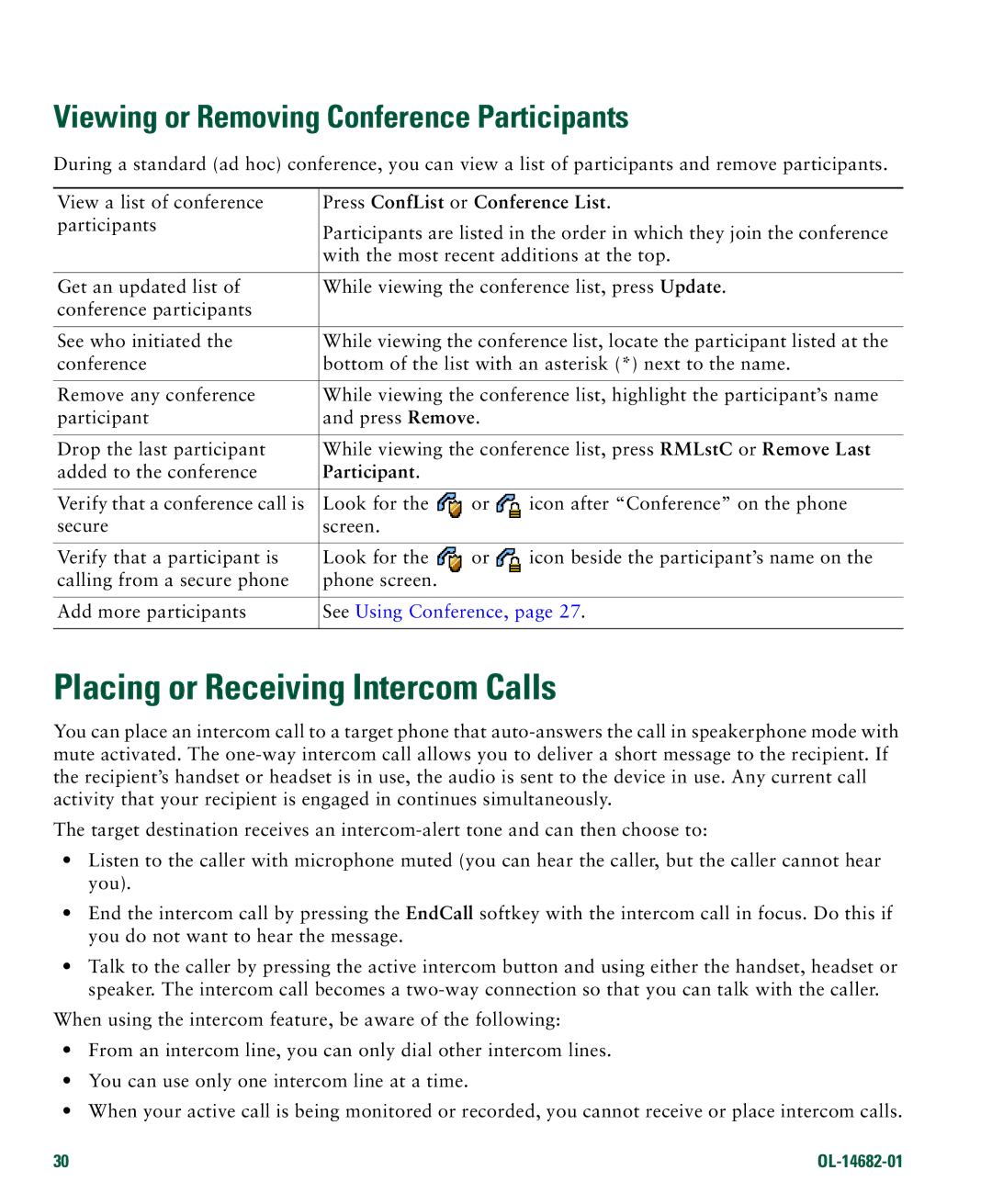 Cisco Systems 7970 Placing or Receiving Intercom Calls, Viewing or Removing Conference Participants, See Using Conference 