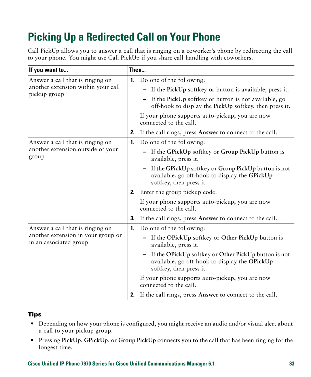 Cisco Systems 7970 manual Picking Up a Redirected Call on Your Phone, Tips 