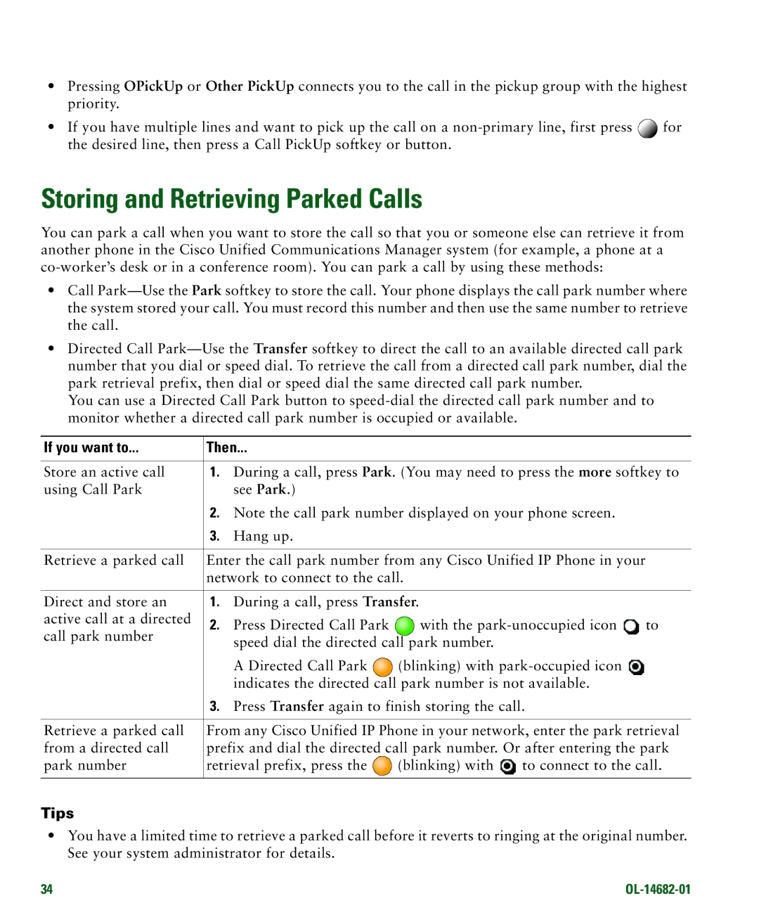 Cisco Systems 7970 manual Storing and Retrieving Parked Calls 