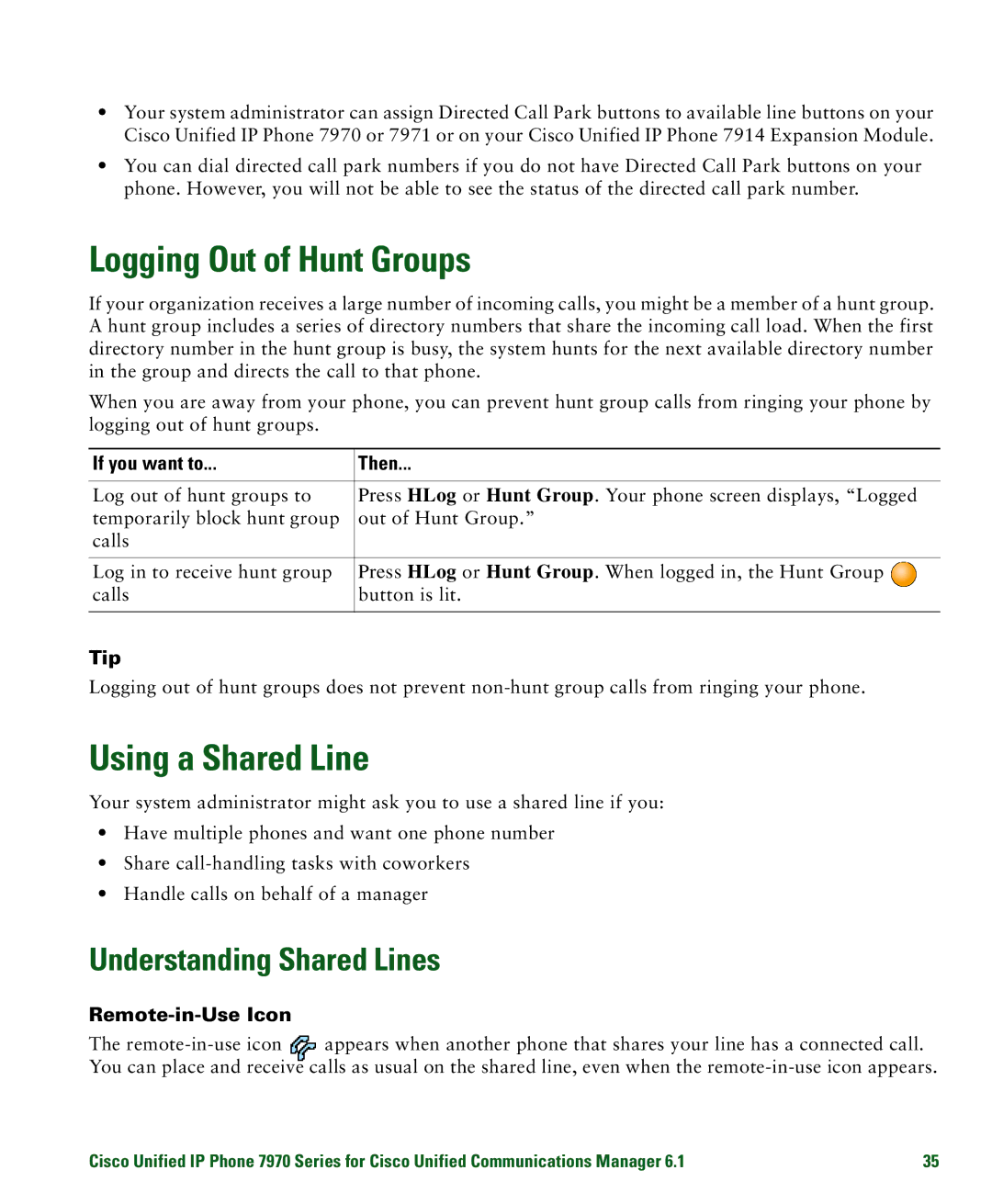 Cisco Systems 7970 manual Logging Out of Hunt Groups, Using a Shared Line, Understanding Shared Lines, Remote-in-Use Icon 