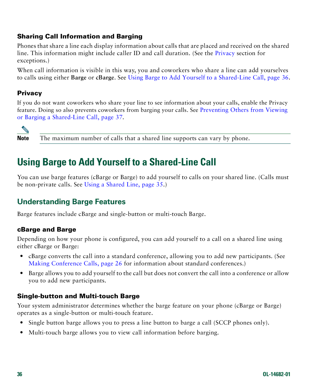 Cisco Systems 7970 manual Using Barge to Add Yourself to a Shared-Line Call, Sharing Call Information and Barging, Privacy 