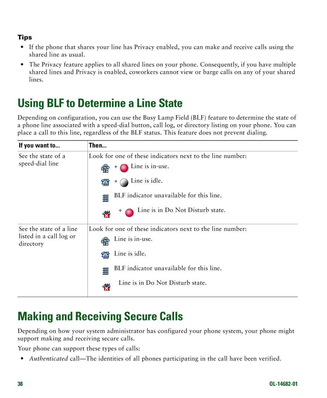 Cisco Systems 7970 manual Using BLF to Determine a Line State, Making and Receiving Secure Calls 