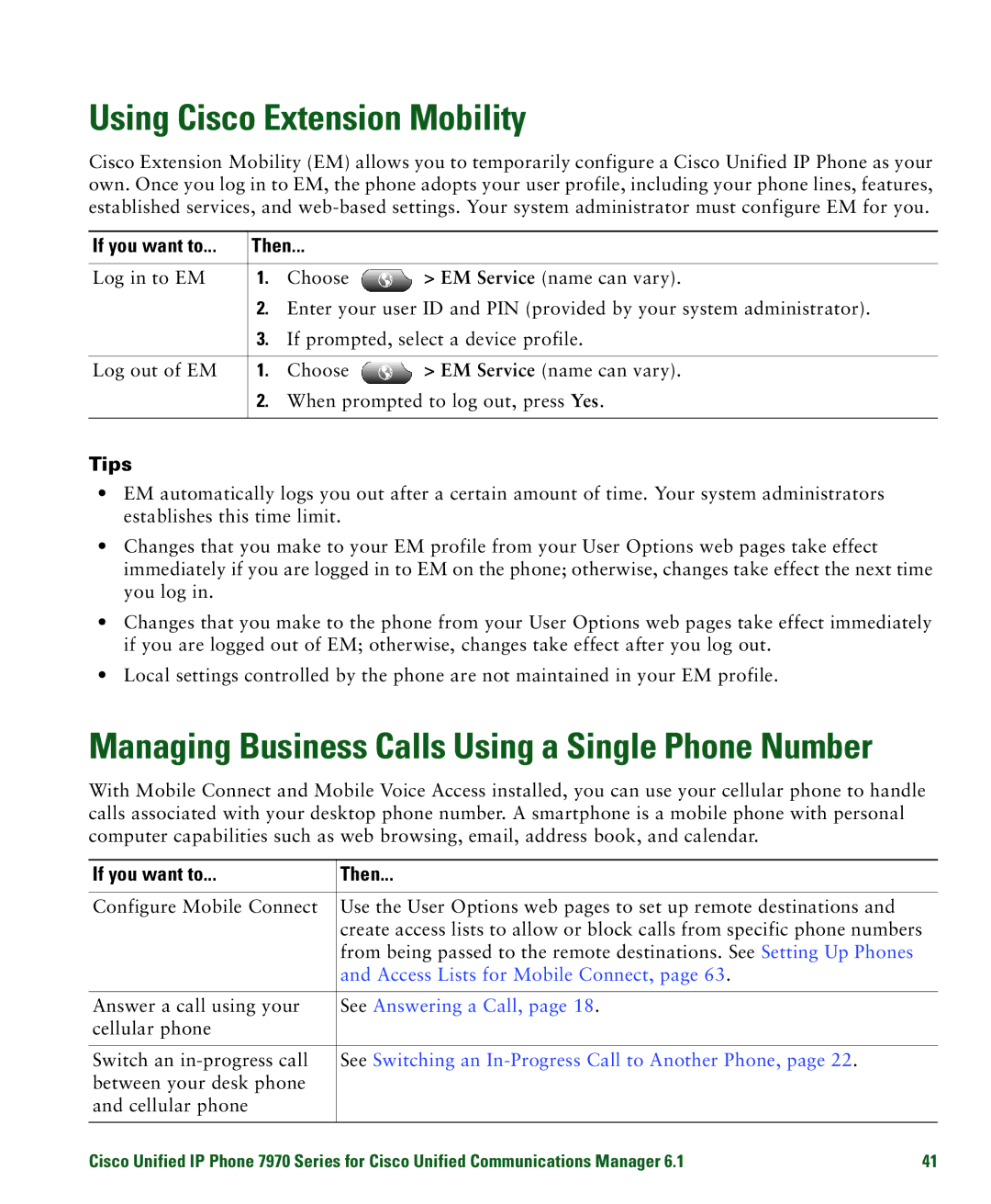 Cisco Systems 7970 manual Using Cisco Extension Mobility, Access Lists for Mobile Connect, See Answering a Call 