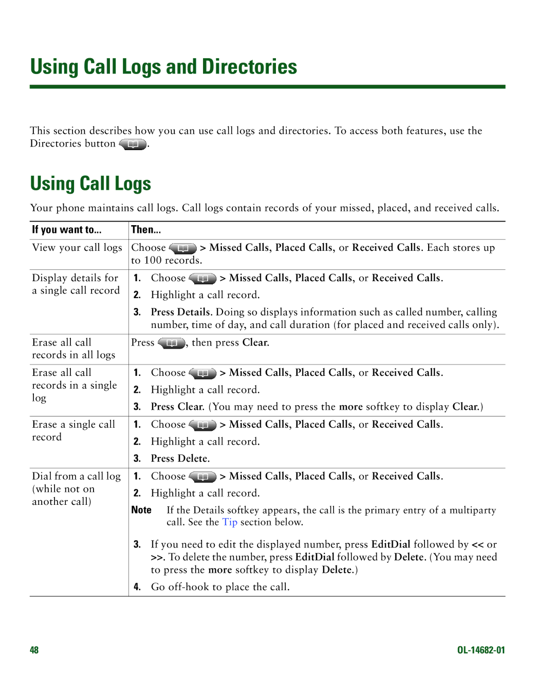 Cisco Systems 7970 manual Using Call Logs and Directories, Missed Calls, Placed Calls, or Received Calls, Press Delete 