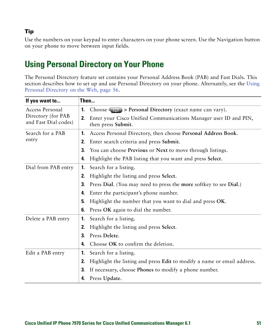 Cisco Systems 7970 manual Using Personal Directory on Your Phone 