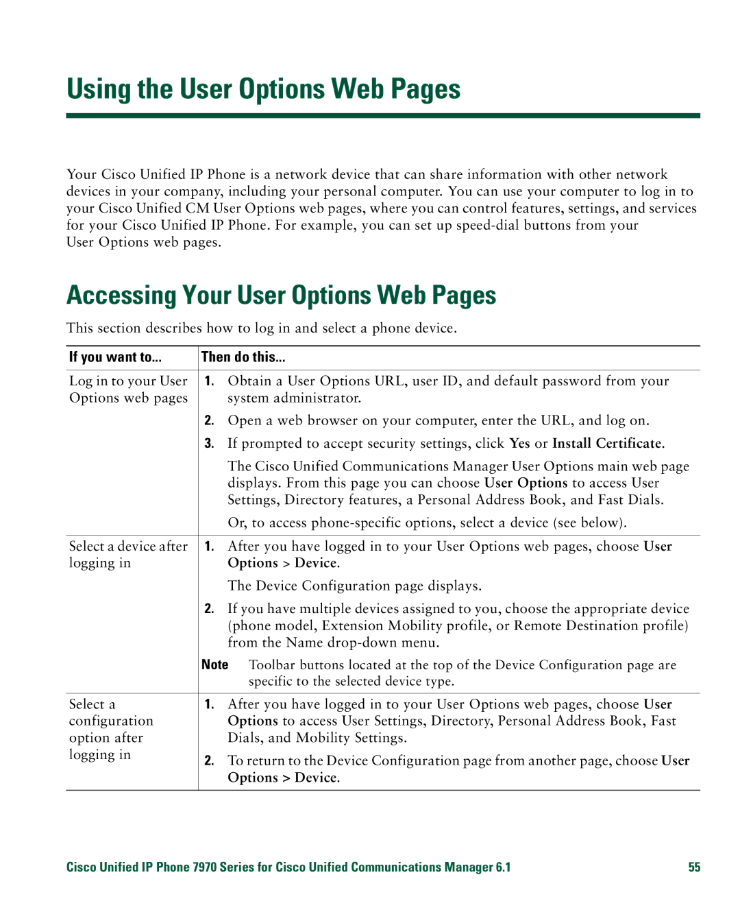 Cisco Systems 7970 Using the User Options Web Pages, Accessing Your User Options Web Pages, If you want to Then do this 