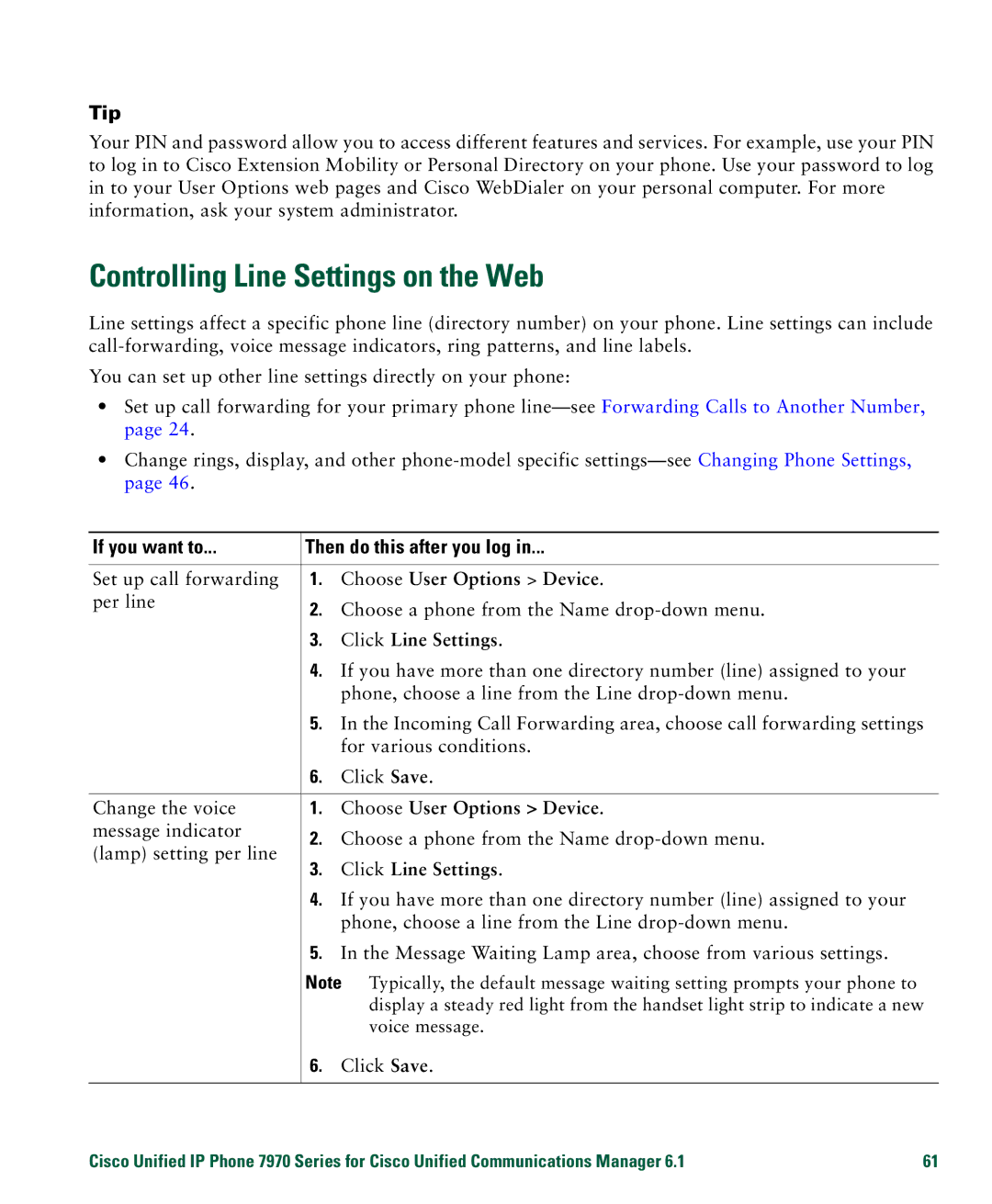 Cisco Systems 7970 manual Controlling Line Settings on the Web, Click Line Settings 