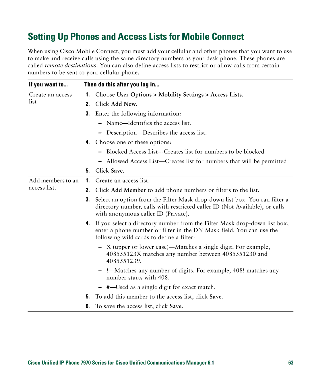 Cisco Systems 7970 manual Setting Up Phones and Access Lists for Mobile Connect 