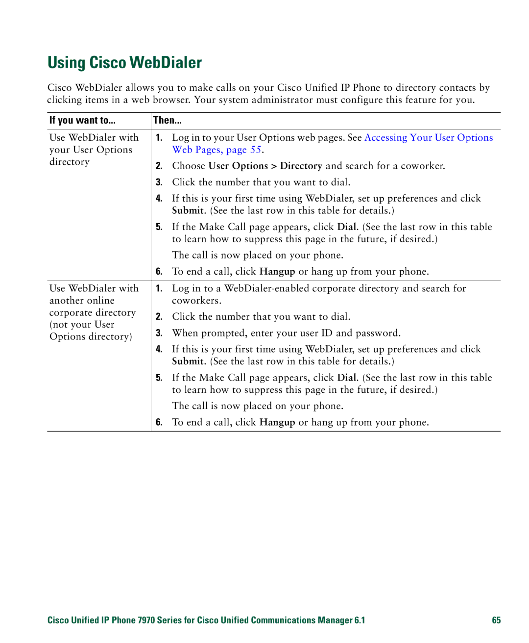 Cisco Systems 7970 manual Using Cisco WebDialer, If you want to Then 