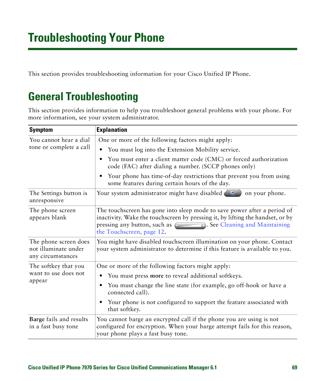 Cisco Systems 7970 Troubleshooting Your Phone, General Troubleshooting, Symptom Explanation, See Cleaning and Maintaining 