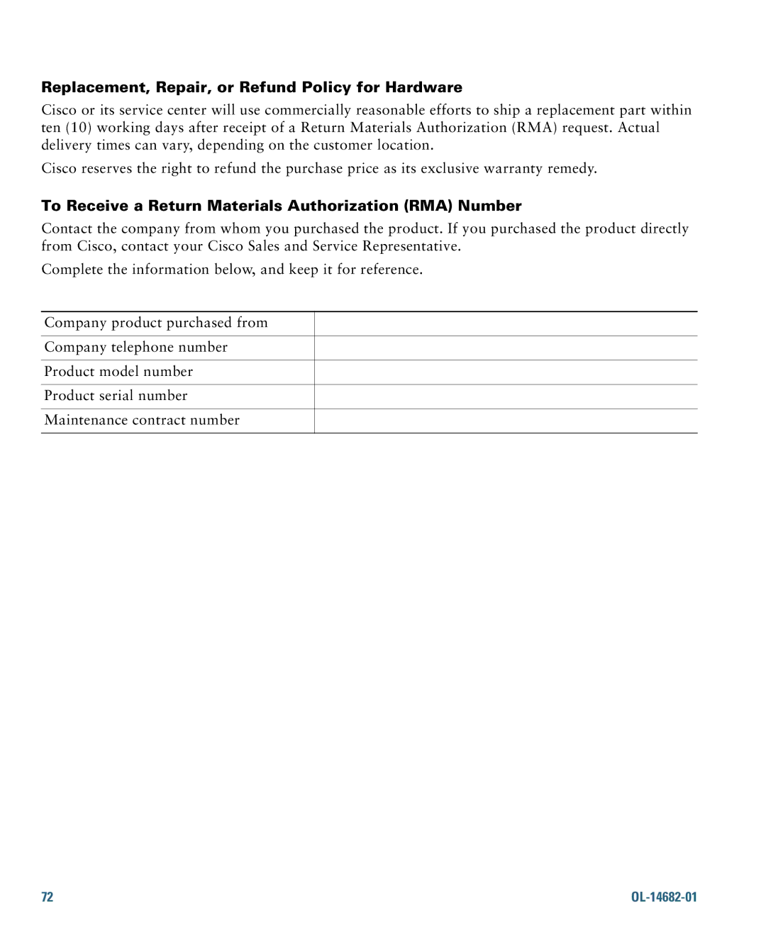 Cisco Systems 7970 manual Replacement, Repair, or Refund Policy for Hardware 