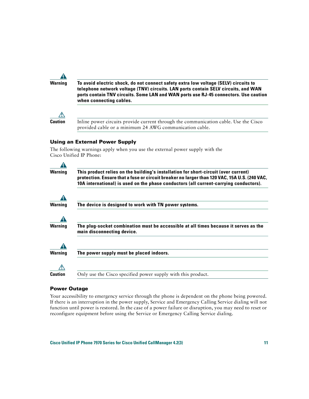 Cisco Systems 7970 warranty When connecting cables, Using an External Power Supply, Power Outage 