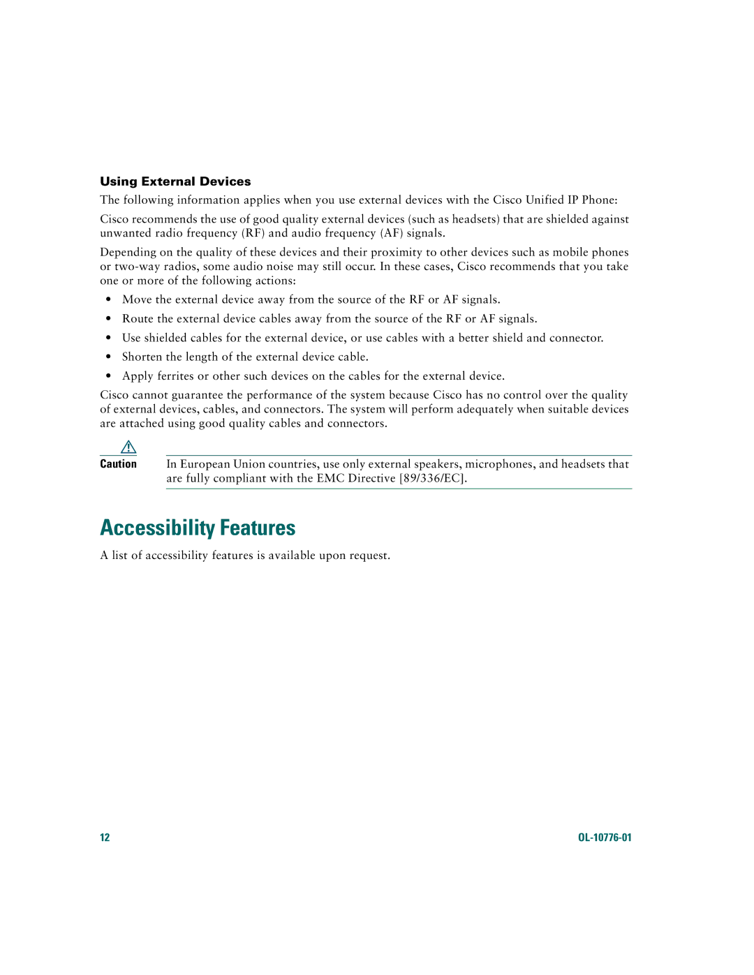 Cisco Systems 7970 warranty Accessibility Features, Using External Devices 