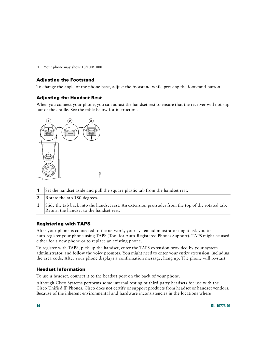 Cisco Systems 7970 warranty Adjusting the Footstand, Adjusting the Handset Rest, Registering with Taps, Headset Information 