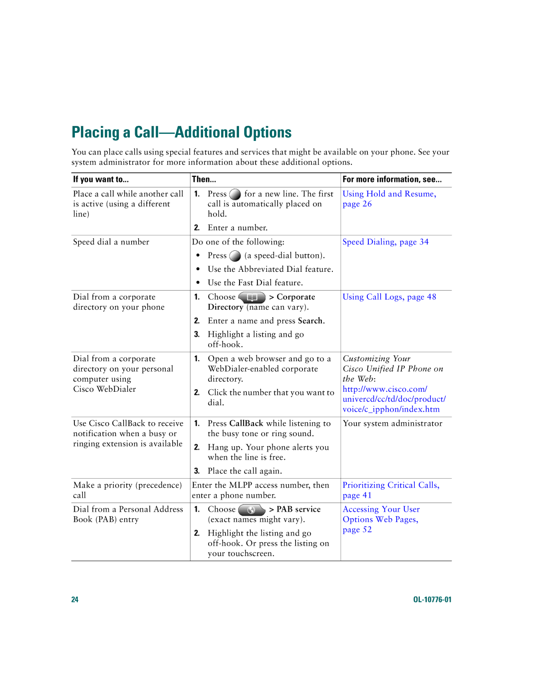 Cisco Systems 7970 warranty Placing a Call-Additional Options, Corporate, PAB service 