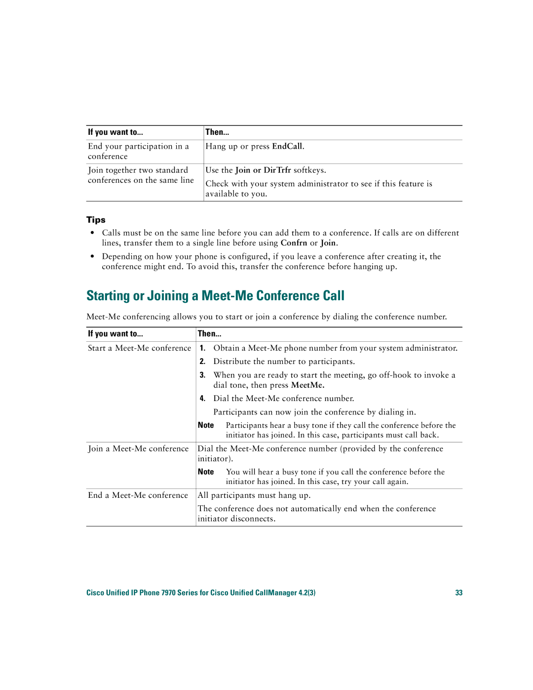 Cisco Systems 7970 warranty Starting or Joining a Meet-Me Conference Call 