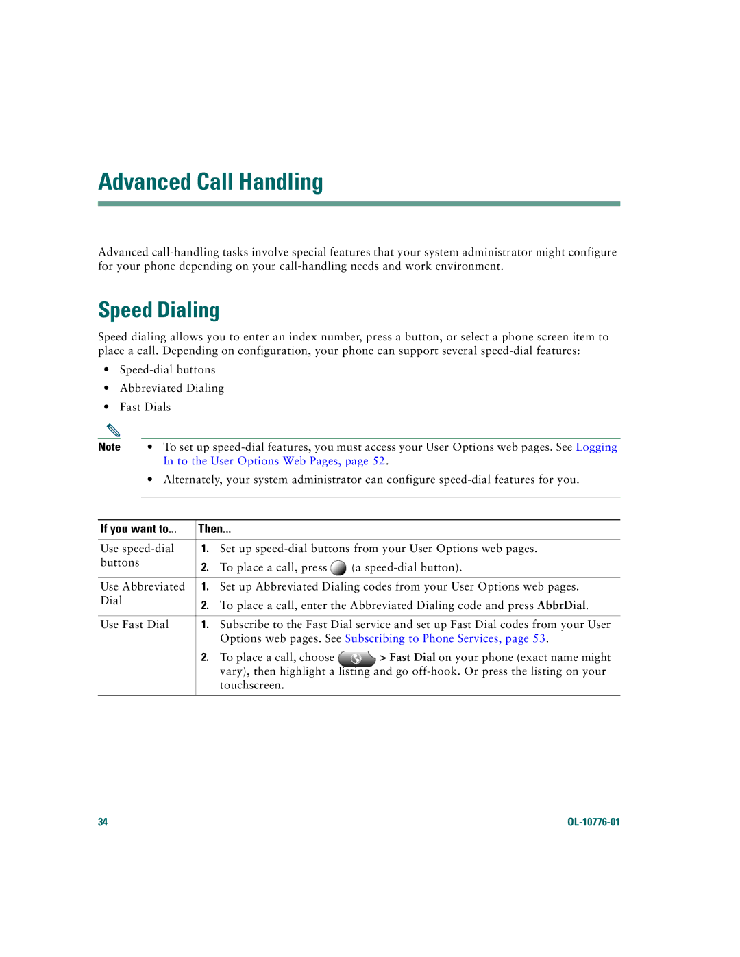 Cisco Systems 7970 warranty Advanced Call Handling, Speed Dialing, To the User Options Web Pages 