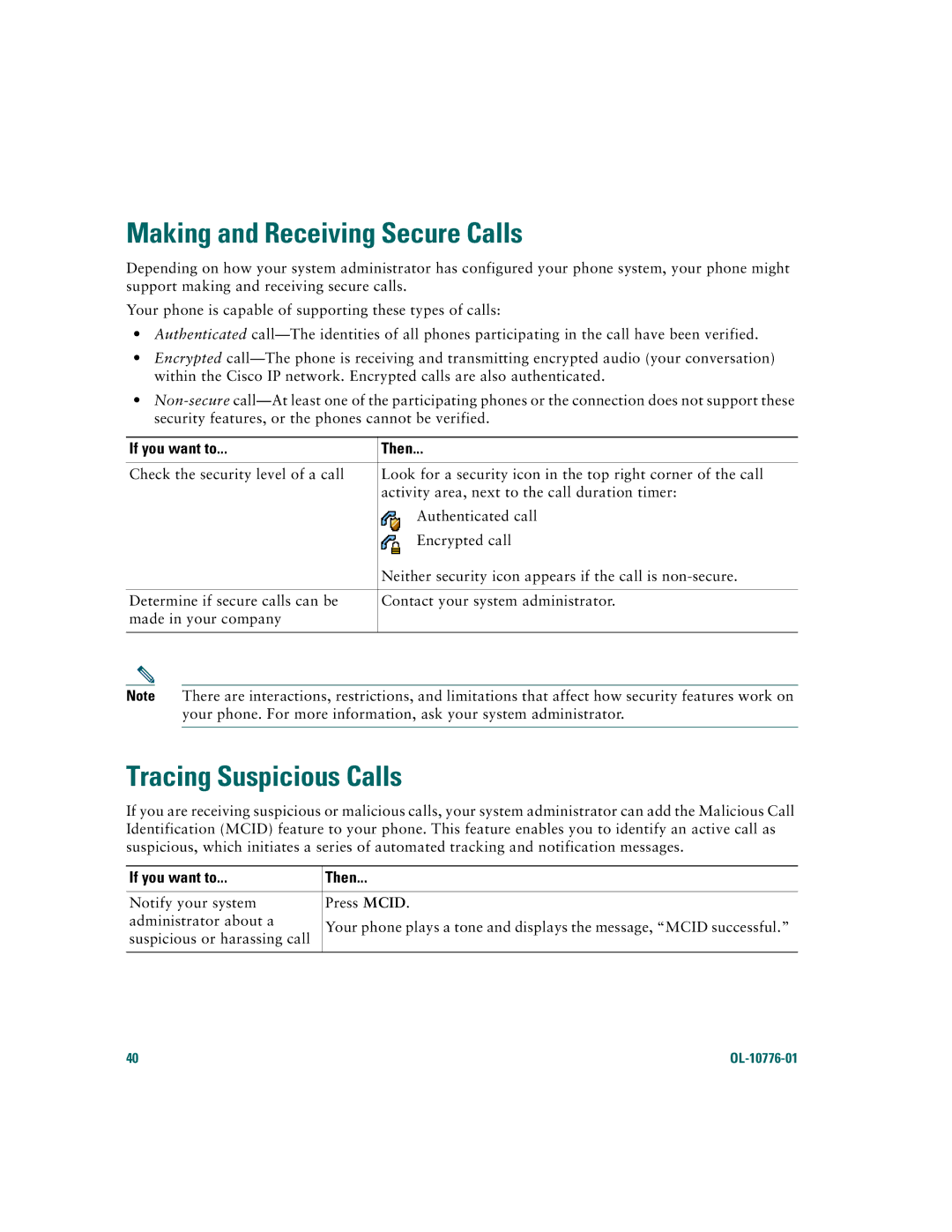 Cisco Systems 7970 warranty Making and Receiving Secure Calls, Tracing Suspicious Calls 