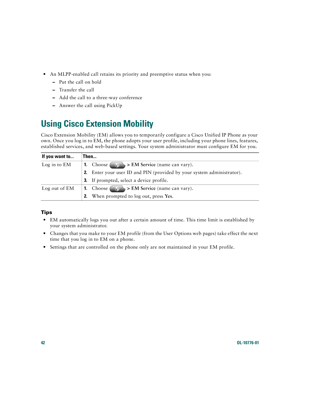 Cisco Systems 7970 warranty Using Cisco Extension Mobility, If you want to 