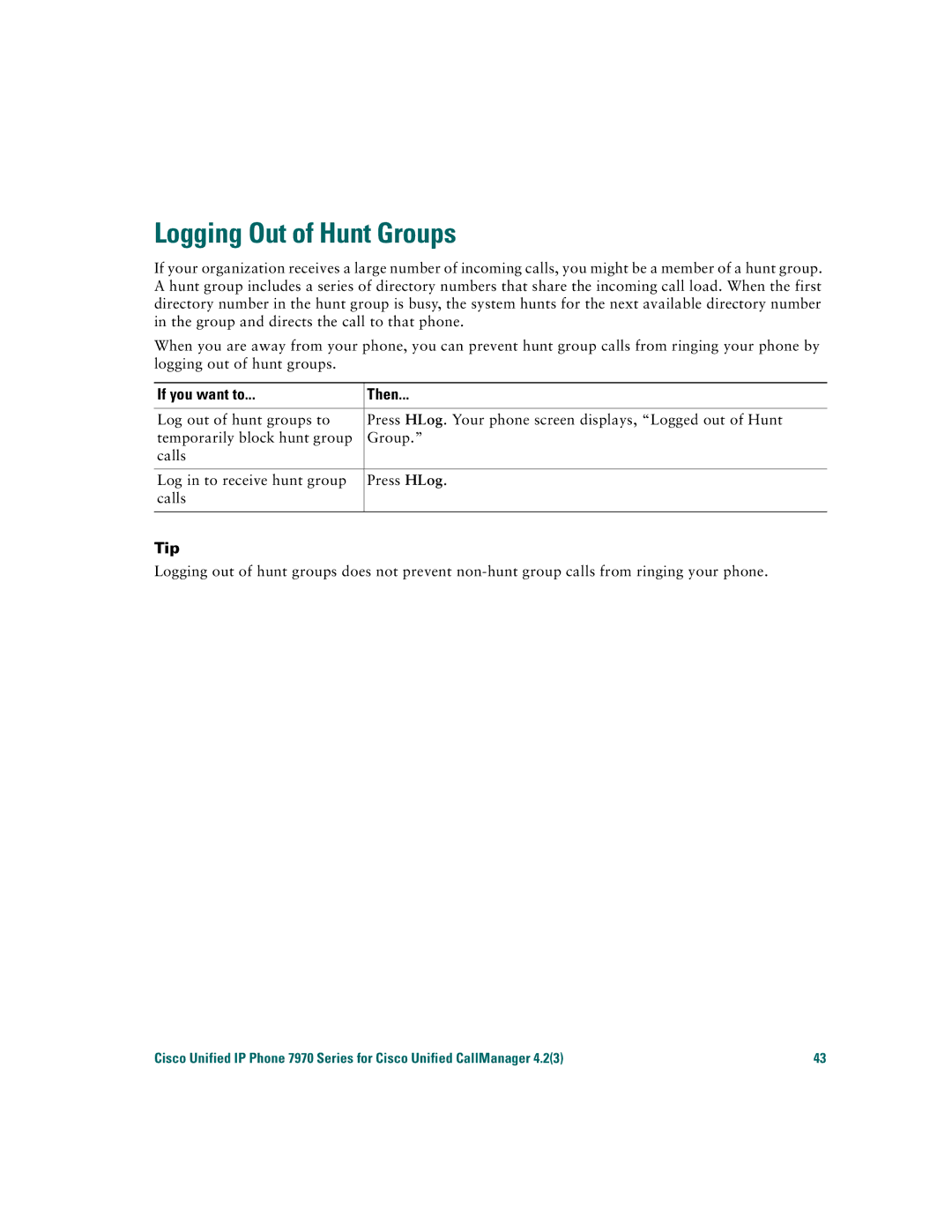 Cisco Systems 7970 warranty Logging Out of Hunt Groups, Tip 