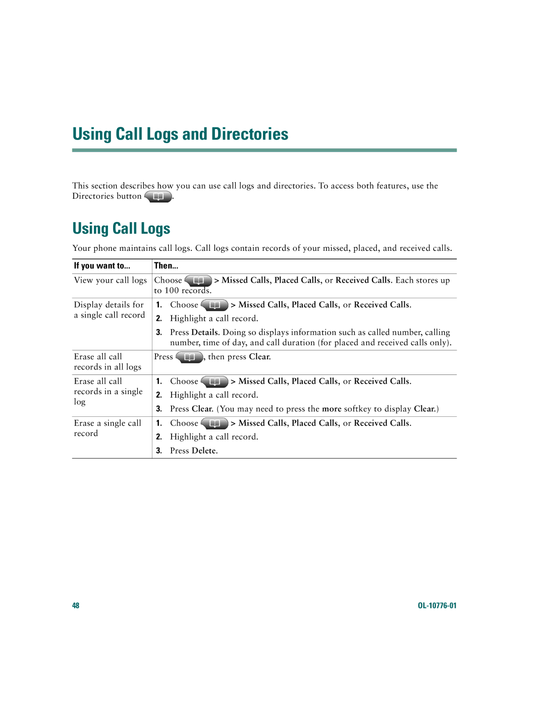 Cisco Systems 7970 warranty Using Call Logs and Directories, Missed Calls, Placed Calls, or Received Calls 