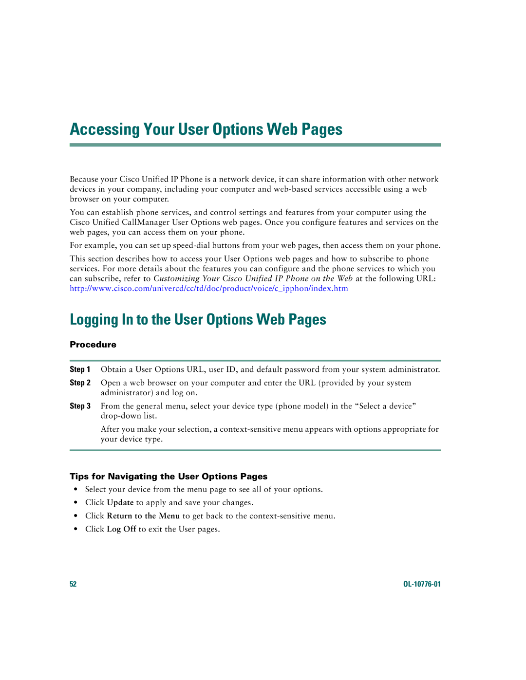 Cisco Systems 7970 warranty Accessing Your User Options Web Pages, Logging In to the User Options Web Pages, Procedure 