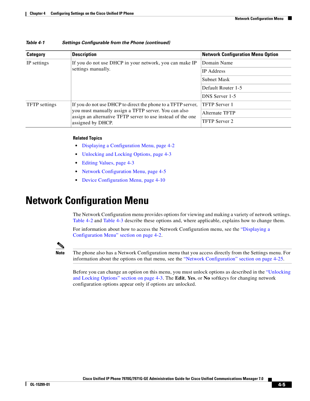 Cisco Systems 7971G-GE, 7970G Category Description Network Configuration Menu Option, Configuration Menu section on 