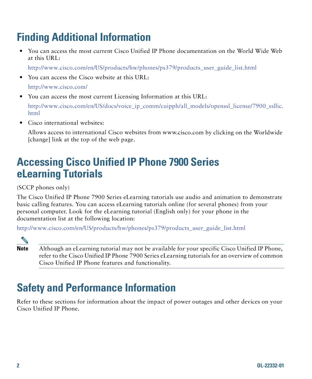 Cisco Systems 7970G, 7975G manual Finding Additional Information, Safety and Performance Information 