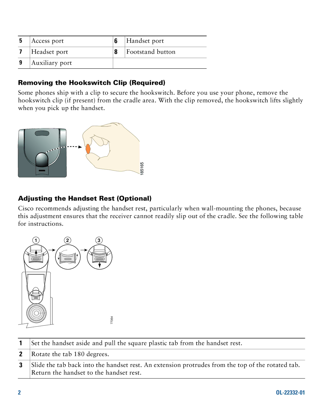 Cisco Systems 7970G, 7975G manual Removing the Hookswitch Clip Required, Adjusting the Handset Rest Optional 