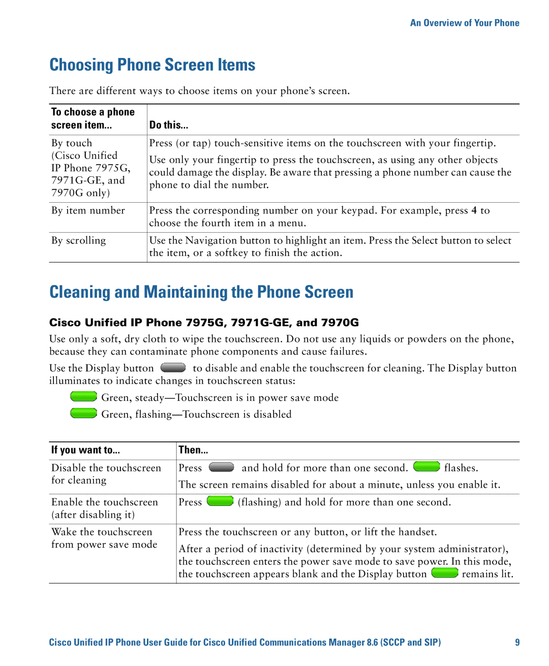 Cisco Systems 7975G, 7970G Choosing Phone Screen Items, Cleaning and Maintaining the Phone Screen, Screen item Do this 