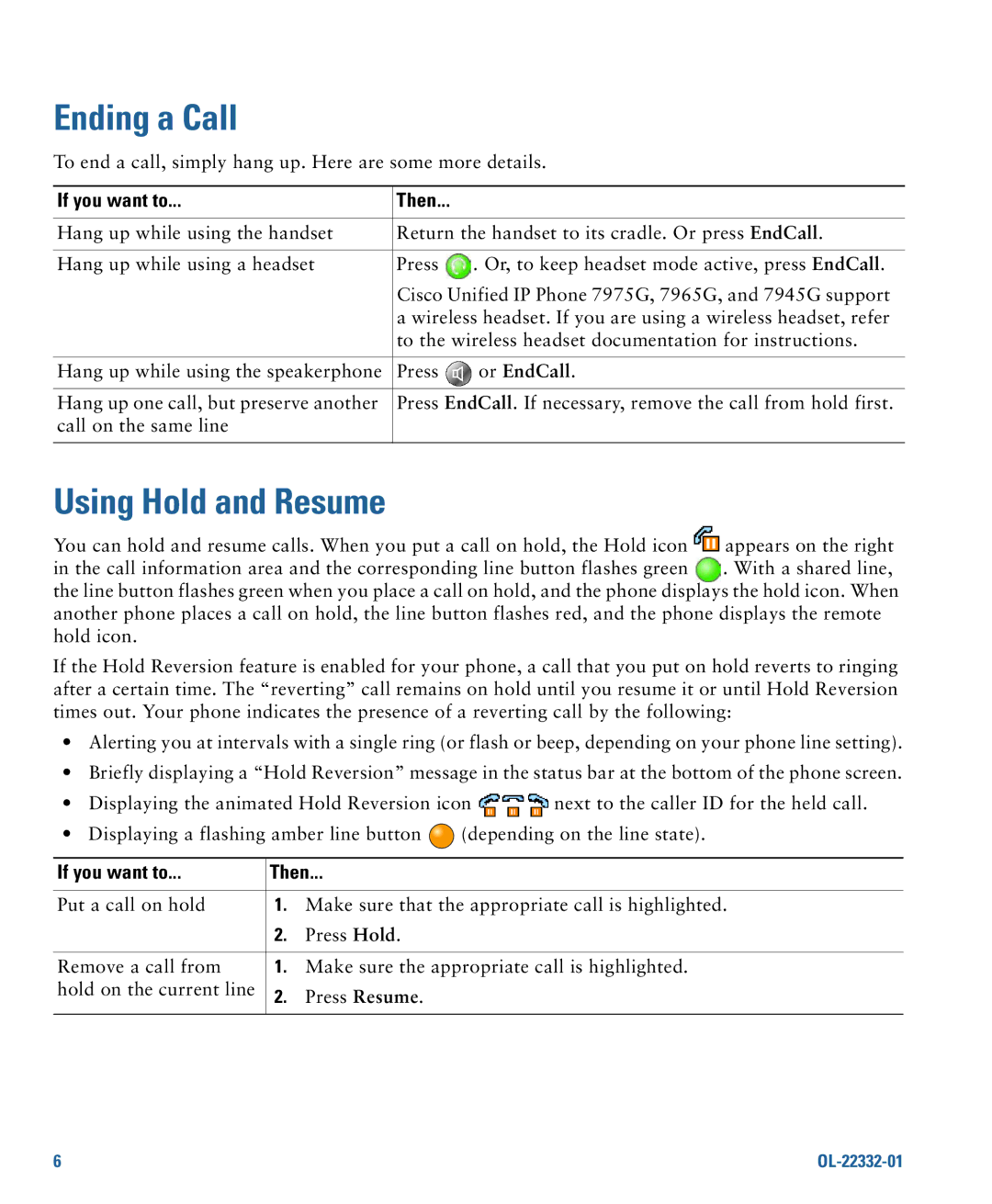 Cisco Systems 7970G, 7975G manual Ending a Call, Using Hold and Resume, Or EndCall 