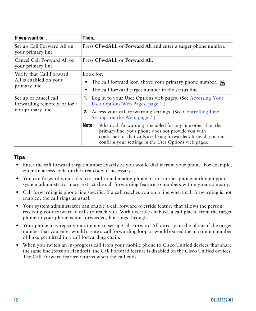 Cisco Systems 7970G, 7975G manual Press CFwdALL or Forward All, User Options Web Pages, Settings on the Web 