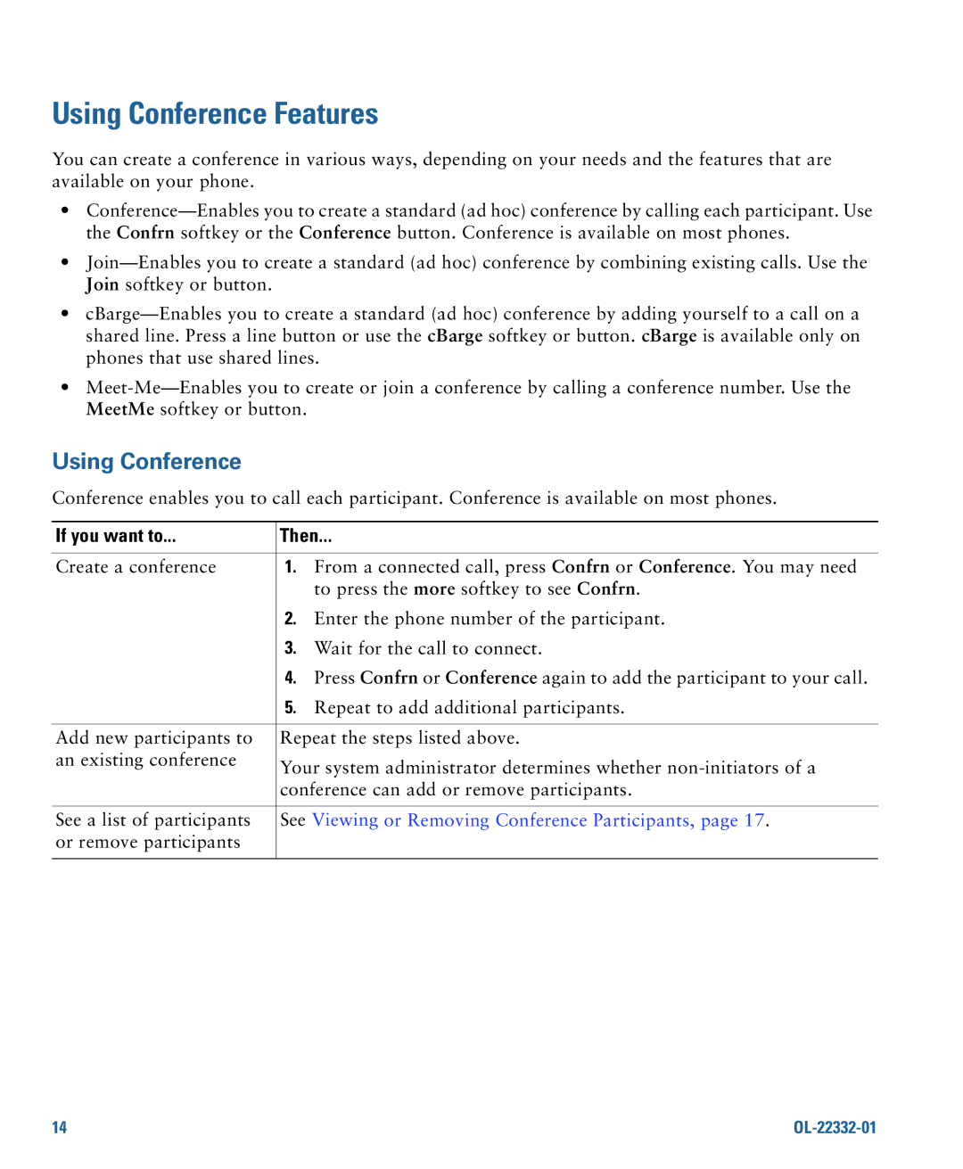 Cisco Systems 7970G, 7975G manual Using Conference Features, See Viewing or Removing Conference Participants 