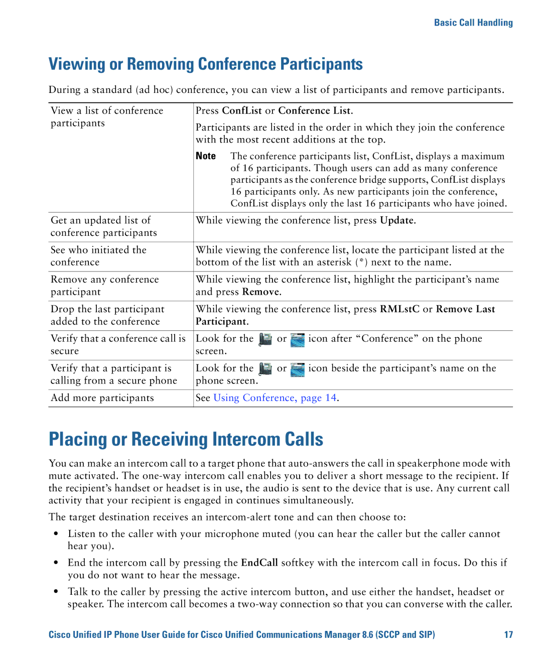 Cisco Systems 7975G Placing or Receiving Intercom Calls, Viewing or Removing Conference Participants, See Using Conference 