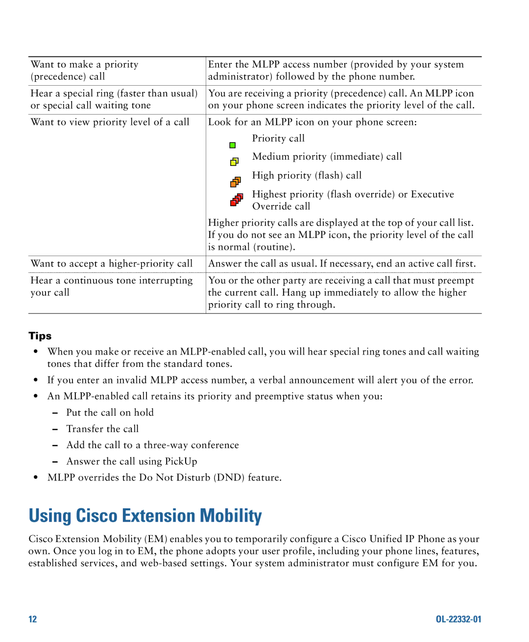 Cisco Systems 7970G, 7975G manual Using Cisco Extension Mobility, Tips 