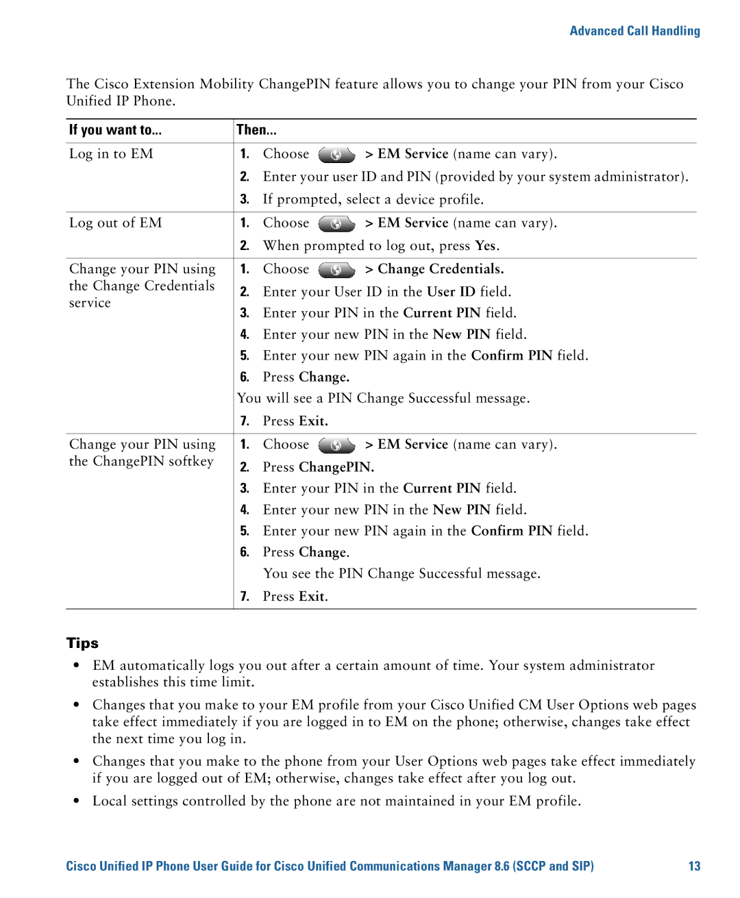 Cisco Systems 7975G, 7970G manual Change Credentials, Press ChangePIN 