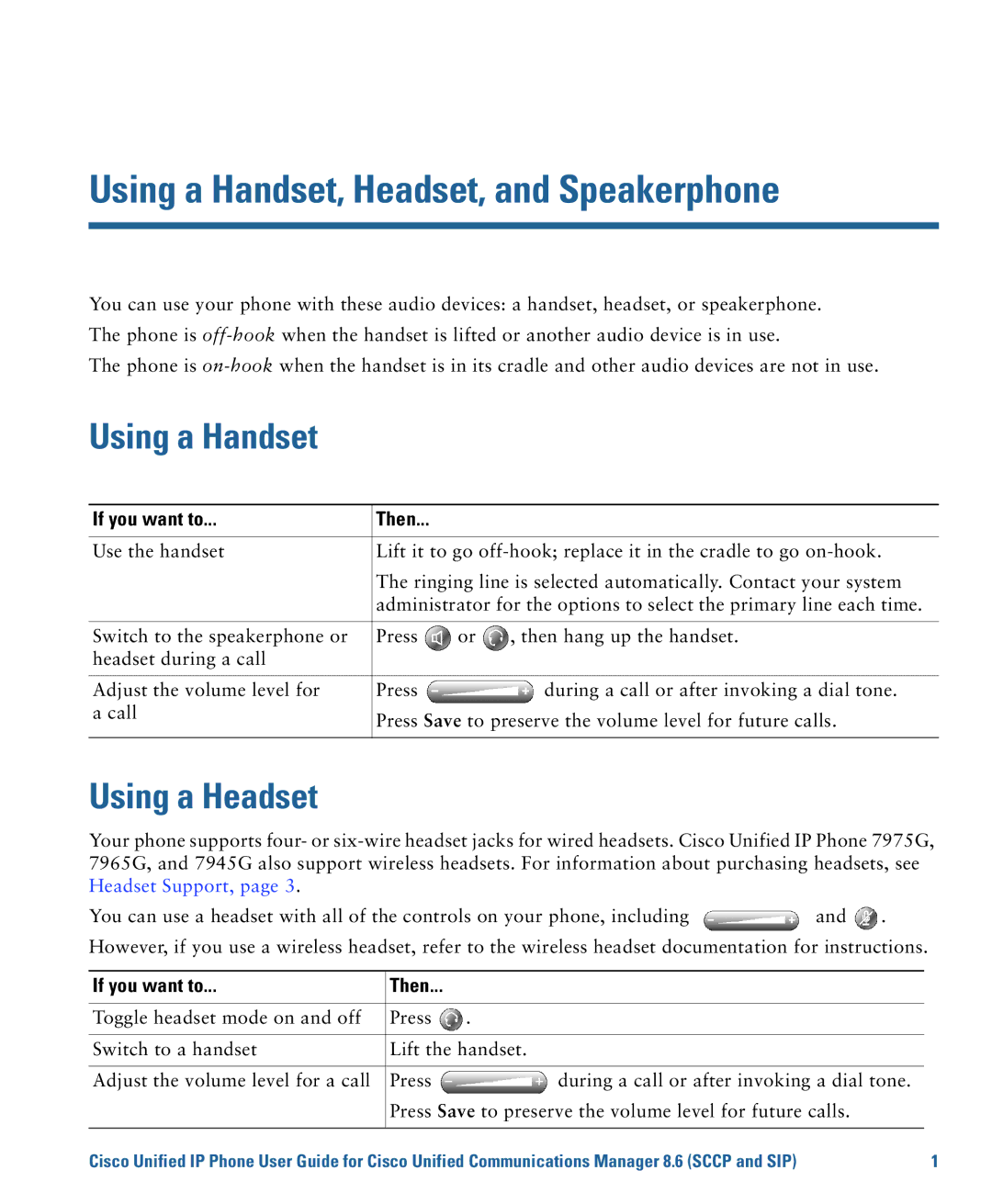 Cisco Systems 7975G, 7970G manual Using a Handset, Headset, and Speakerphone, Using a Headset 