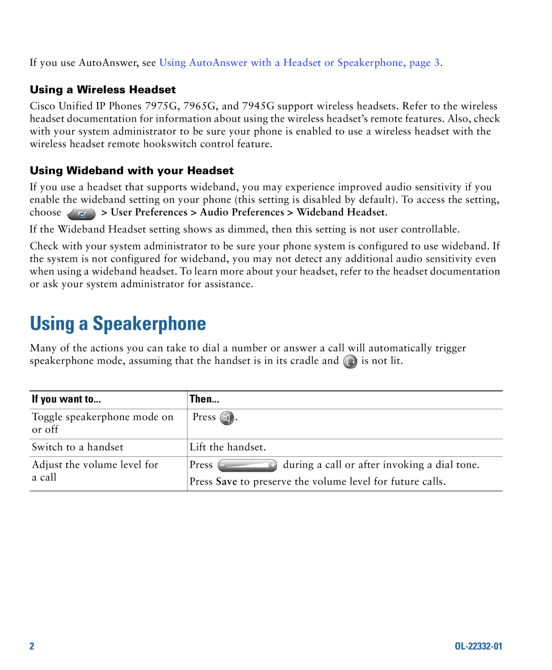 Cisco Systems 7970G, 7975G manual Using a Speakerphone, Using a Wireless Headset, Using Wideband with your Headset 