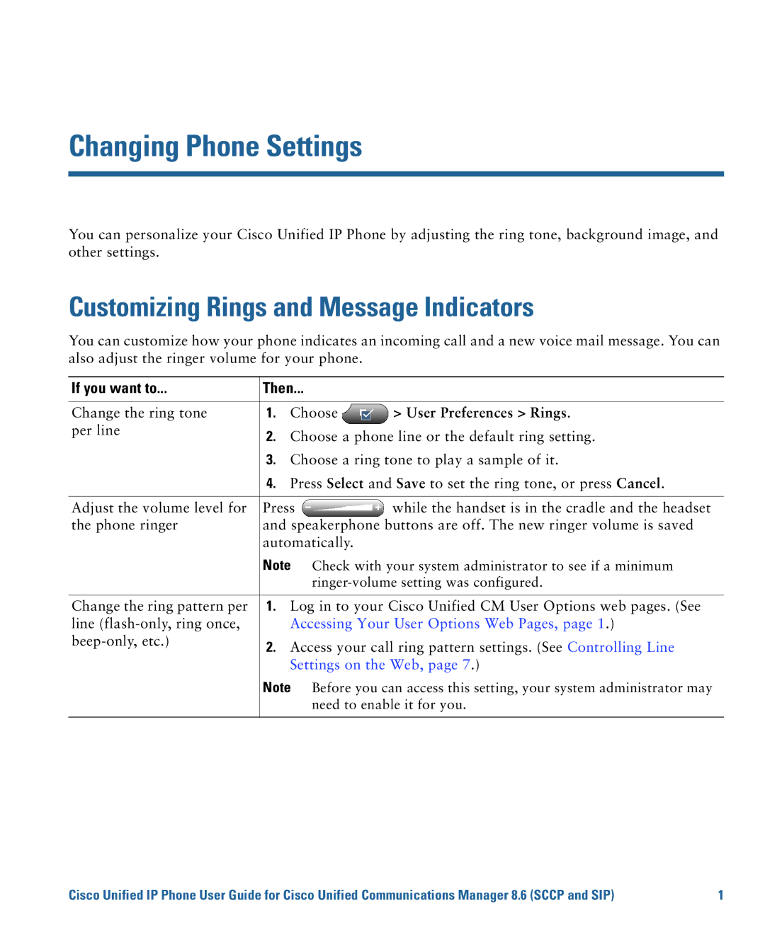 Cisco Systems 7975G, 7970G manual Changing Phone Settings, Customizing Rings and Message Indicators, User Preferences Rings 