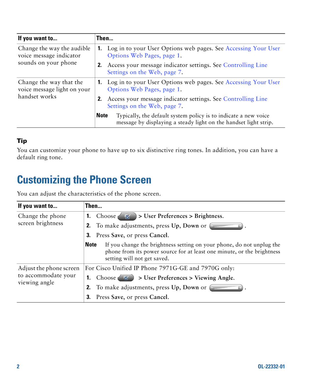 Cisco Systems 7970G, 7975G manual Customizing the Phone Screen, Options Web Pages, User Preferences Brightness 