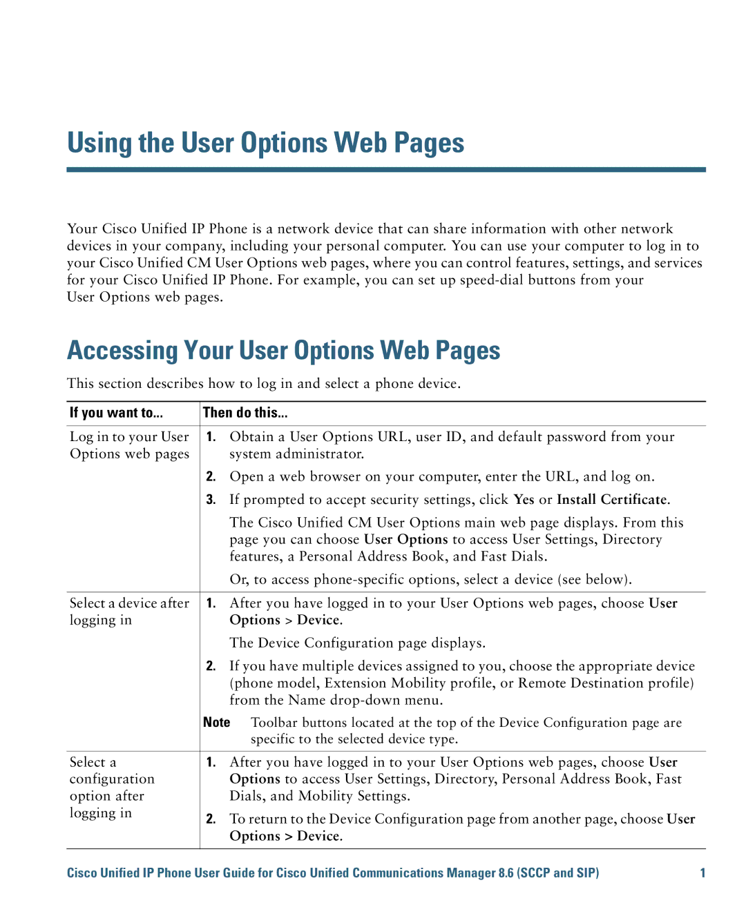 Cisco Systems 7975G Using the User Options Web Pages, Accessing Your User Options Web Pages, If you want to Then do this 